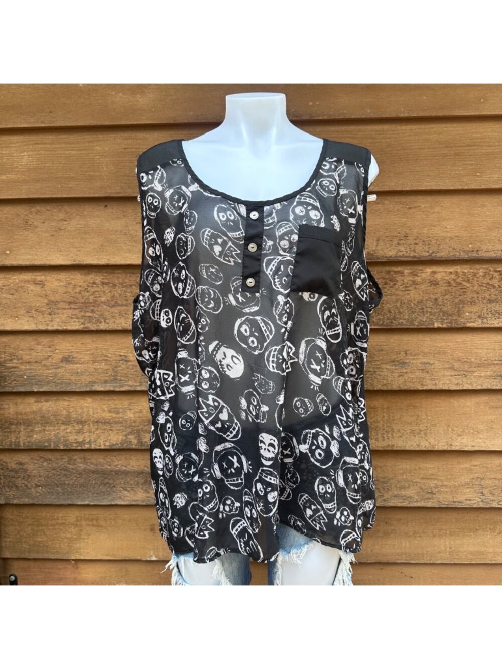 Julies Closet Sheer Black Sleeveless Top W/White Skull Faces Design Button Detai